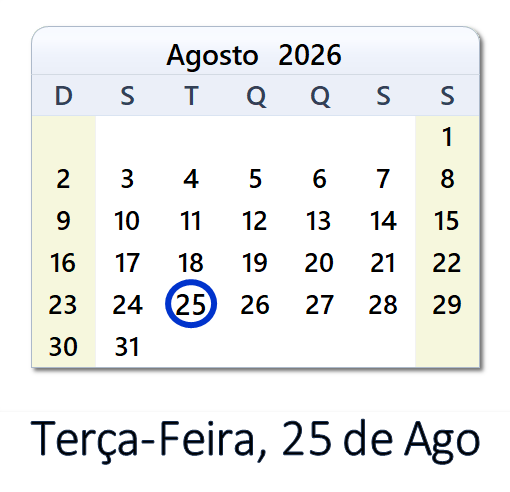 25 de Ago, 2026 Calendário com Feriados e Cont. Regressiva - BRA