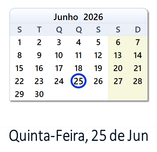 25 de Jun, 2026 Calendário com Feriados e Cont. Regressiva - POR