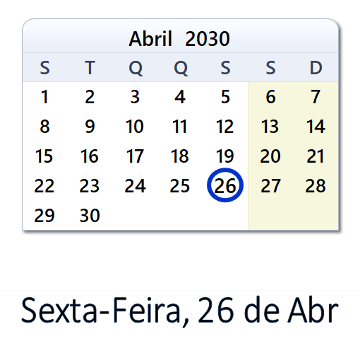 26 de Abr, 2030 Calendário com Feriados e Cont. Regressiva - POR