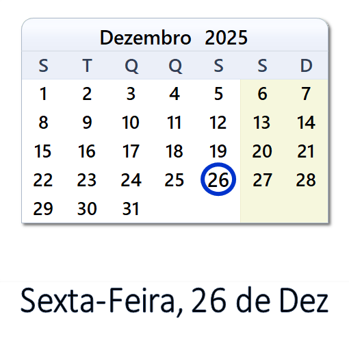 26 de Dezembro, 2025 Calendário com notícias e tweets do dia - PRT