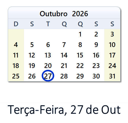 27 de Out, 2026: Feriados, Eventos, Esportes e Contagem Regressiva - Brasil