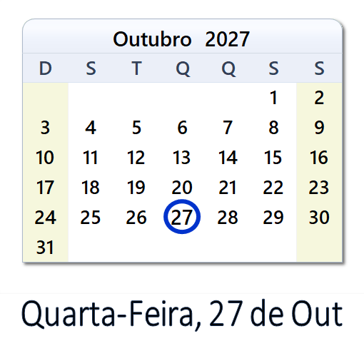 27 de Out, 2027: Feriados, Data e Contagem Regressiva - Brasil