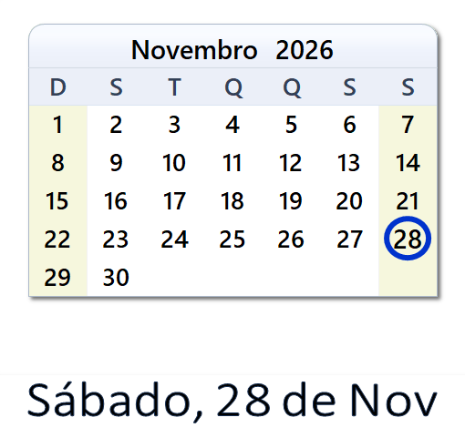 28 de Nov, 2026 Calendário com Feriados e Cont. Regressiva - BRA