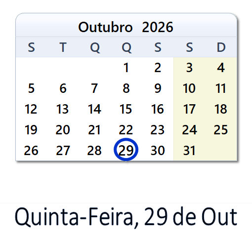 29 de Out, 2026 Calendário com Feriados e Cont. Regressiva - POR
