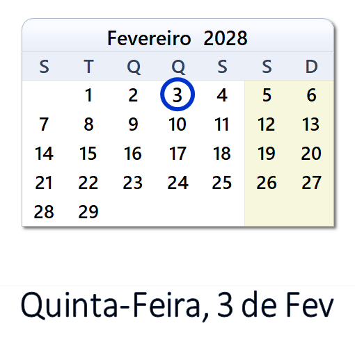 3 de Fev, 2028 Calendário com Feriados e Cont. Regressiva - POR