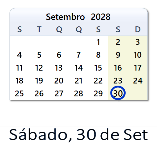 30 de Set, 2028 Calendário com Feriados e Cont. Regressiva - POR