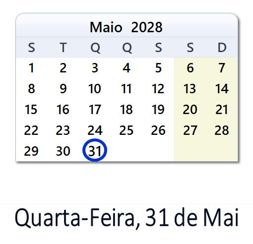 31 de Mai, 2028 Calendário com Feriados e Cont. Regressiva - POR