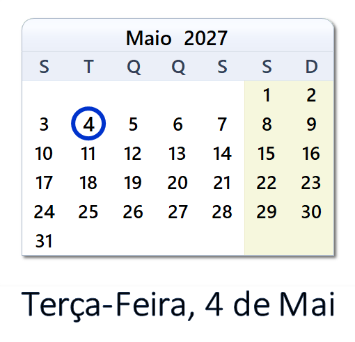 4 de Mai, 2027: Feriados, Data e Contagem - Portugal
