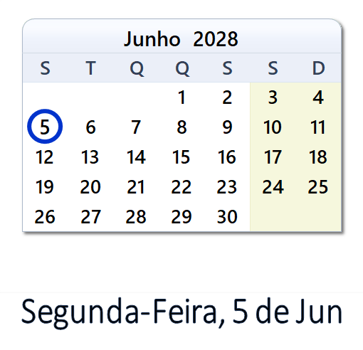 5 de Jun, 2028 Calendário com Feriados e Cont. Regressiva - POR