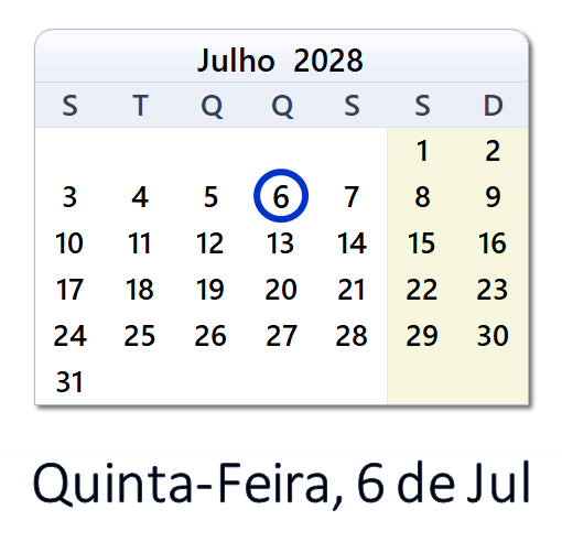 6 de Jul, 2028 Calendário com Feriados e Cont. Regressiva - POR