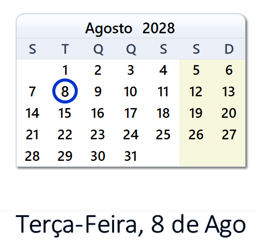 8 de Ago, 2028 Calendário com Feriados e Cont. Regressiva - POR