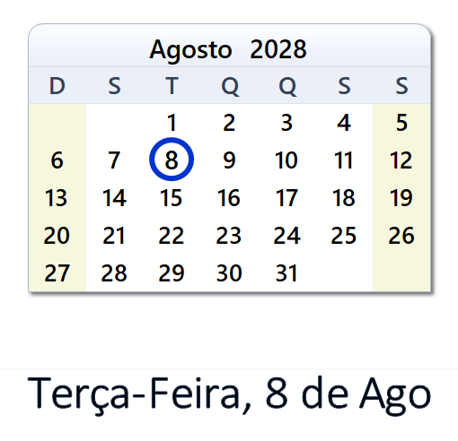 8 de Ago, 2028 Calendário com Feriados e Cont. Regressiva - BRA