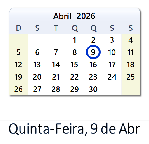 9 de Abr, 2026 Calendário com Feriados e Cont. Regressiva - BRA