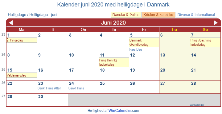 pie Modsatte Økonomisk Danmark Kalender til udskrivning - juni 2020