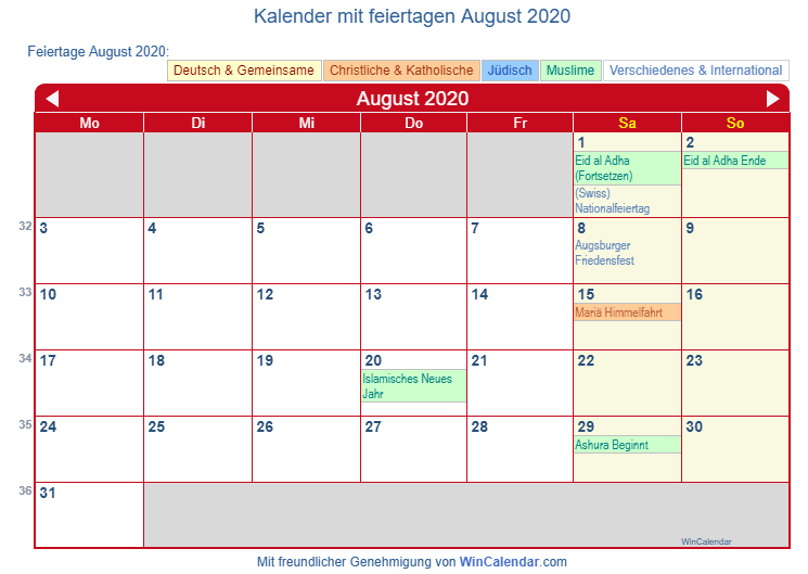 Deutschland Kalender zum Drucken August 2020 