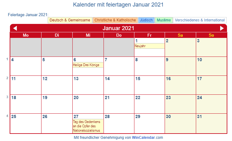 Druckfähig de Kalender zum Drucken Januar 2021