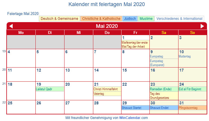 Deutschland Kalender zum Drucken - Mai 2020