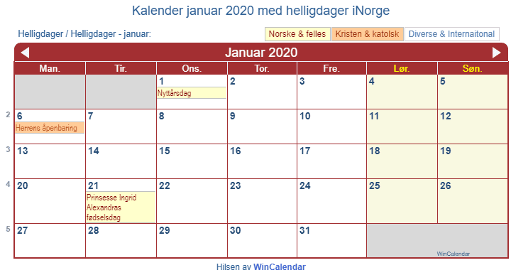 norsk kalender 2020 utskriftsvennlig