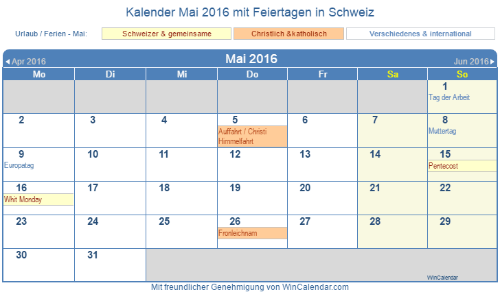 Schweiz Kalender Zum Drucken Mai 16