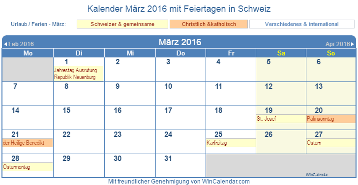 Schweiz Kalender Zum Drucken Marz 16