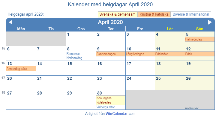 Kalender april 2020 med religiösa och regerings helgdagar