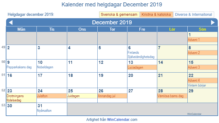 Kalender december 2019 med religiösa och regerings helgdagar