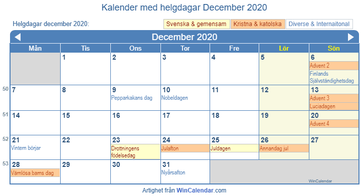 Kalender december 2020 med religiösa och regerings helgdagar