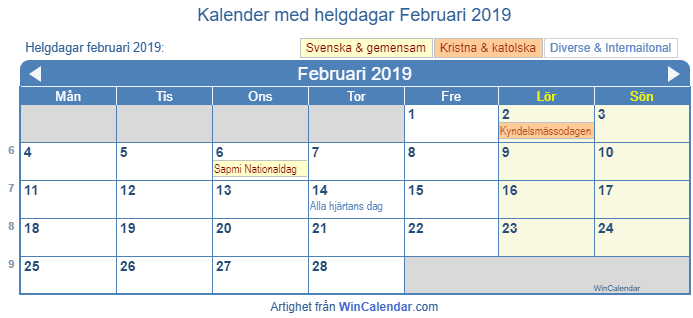 Kalender för utskrift - februari 2019