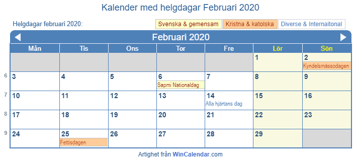 Kalender februari 2020 med religiösa och regerings helgdagar