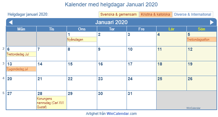Kalender januari 2020 med religiösa och regerings helgdagar