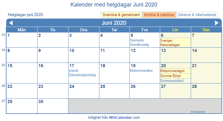 Kalender juni 2020 med religiösa och regerings helgdagar