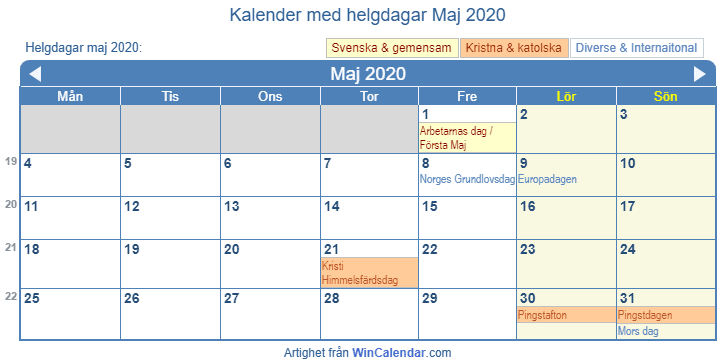Kalender maj 2020 med religiösa och regerings helgdagar