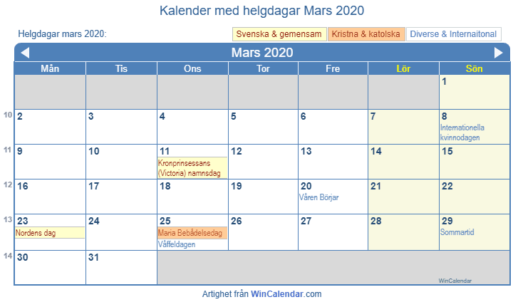 Kalender mars 2020 med religiösa och regerings helgdagar