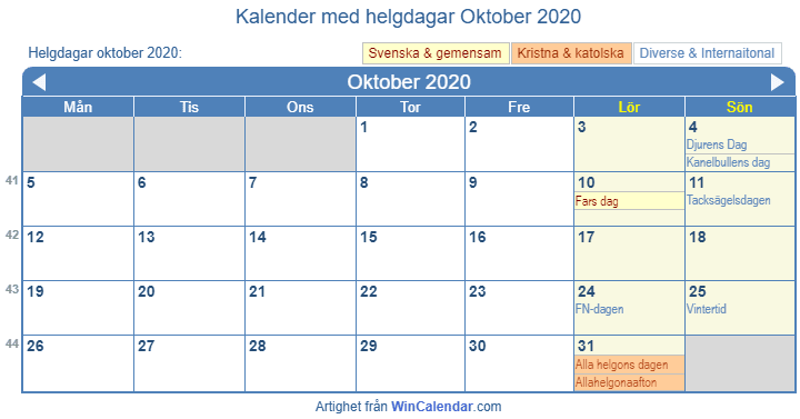 Kalender oktober 2020 med religiösa och regerings helgdagar