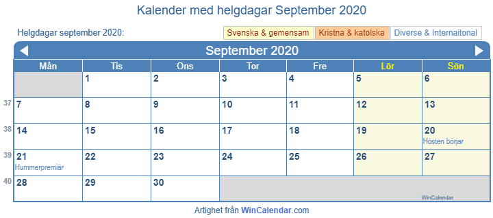 Kalender september 2020 med religiösa och regerings helgdagar
