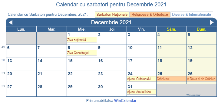 Calendar Decembrie 2021 pentru imprimare - Romania