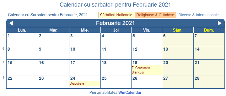 Calendar Februarie 2021 pentru imprimare - Romania
