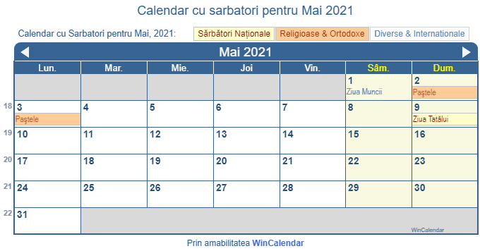 Calendar Mai 2021 pentru imprimare - Romania